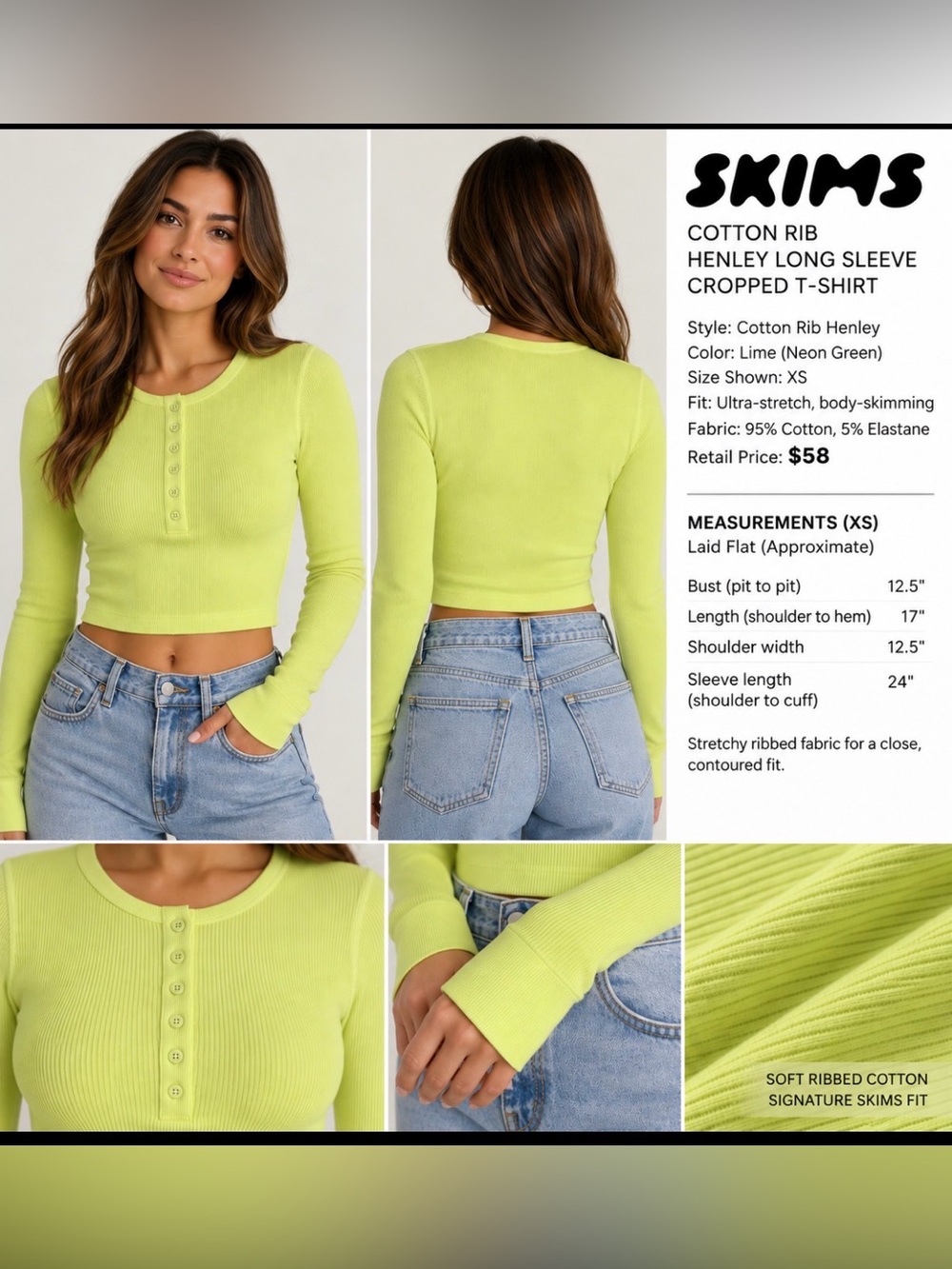 Skims Neon Lime Ribbed Henley Long Sleeve Cropped Top, Size XS